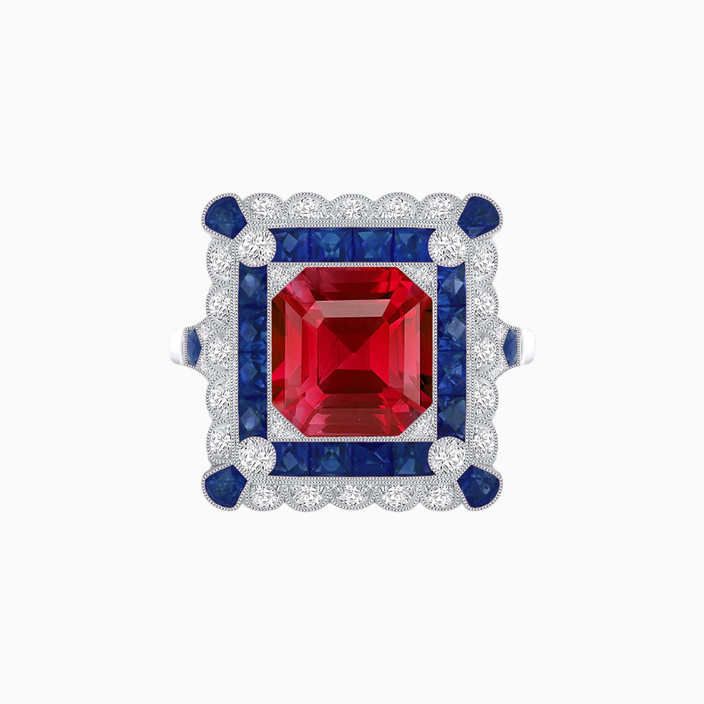 Art Deco Style Double Halo Asscher Cut Ring with Customizable French-Cut Gemstone (Mounting)