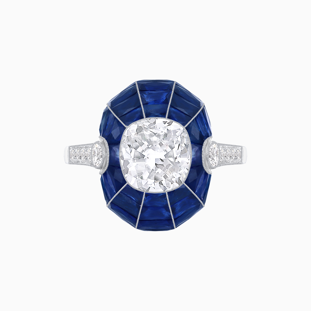 Art Deco Inspired Cushion-Cut Center and Calibré-Cut Gemstone Cocktail Ring