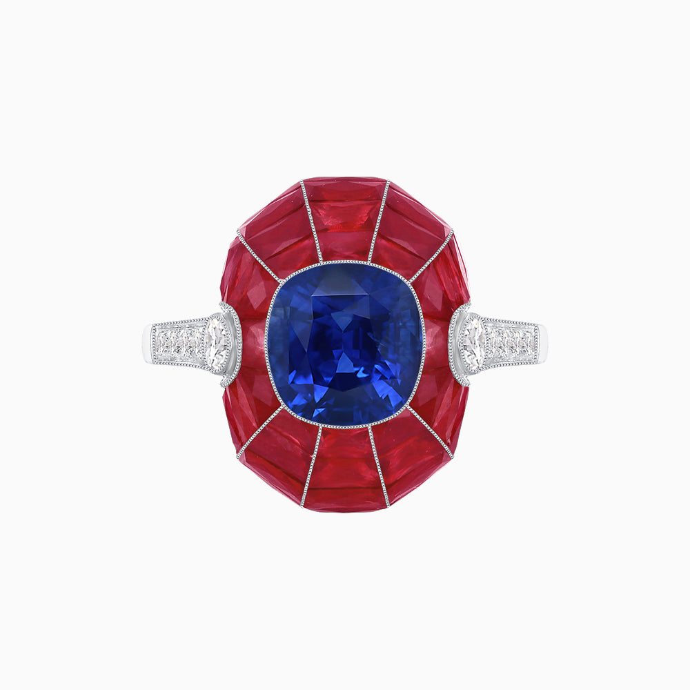 Art Deco Inspired Cushion-Cut Center and Calibré-Cut Gemstone Cocktail Ring
