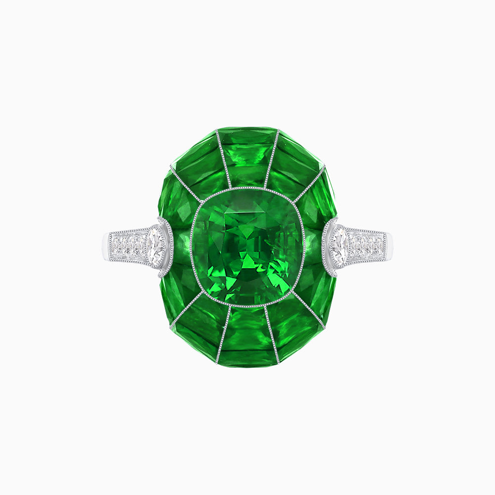 Art Deco Inspired Cushion-Cut Center and Calibré-Cut Gemstone Cocktail Ring