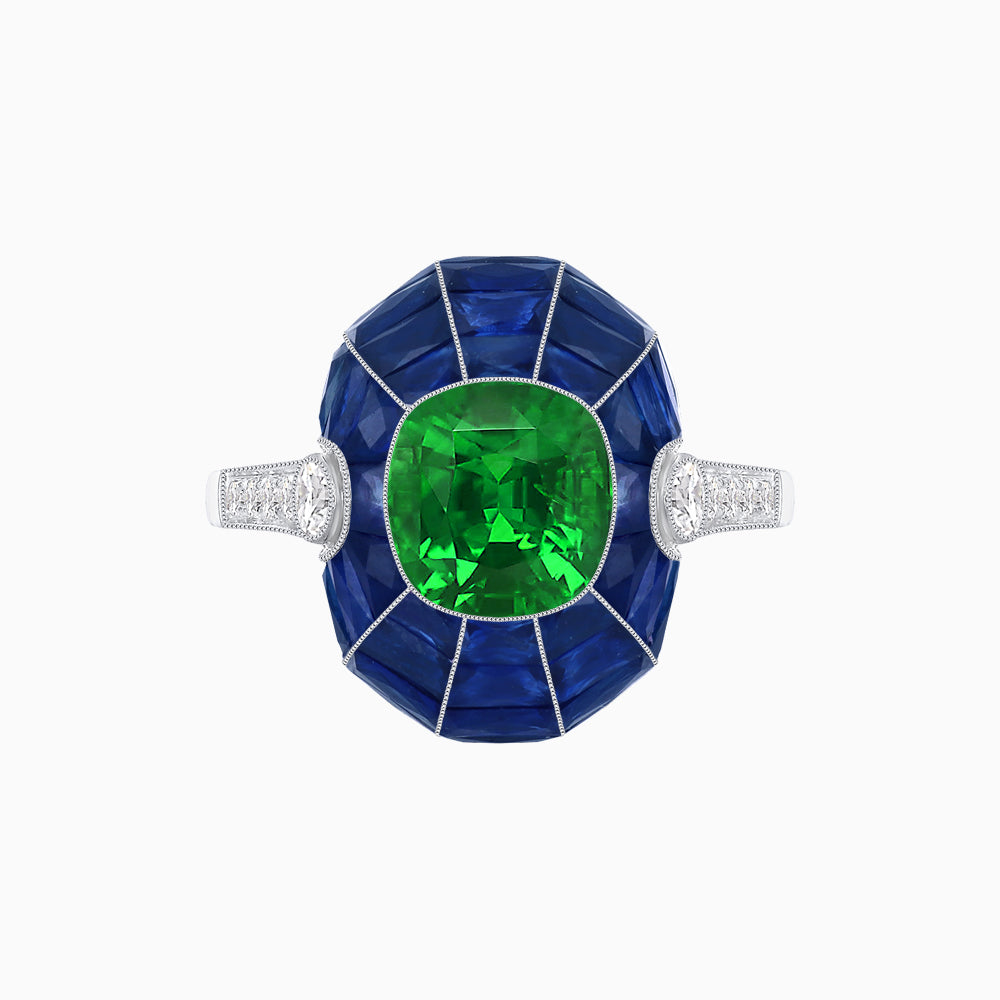 Art Deco Inspired Cushion-Cut Center and Calibré-Cut Gemstone Cocktail Ring
