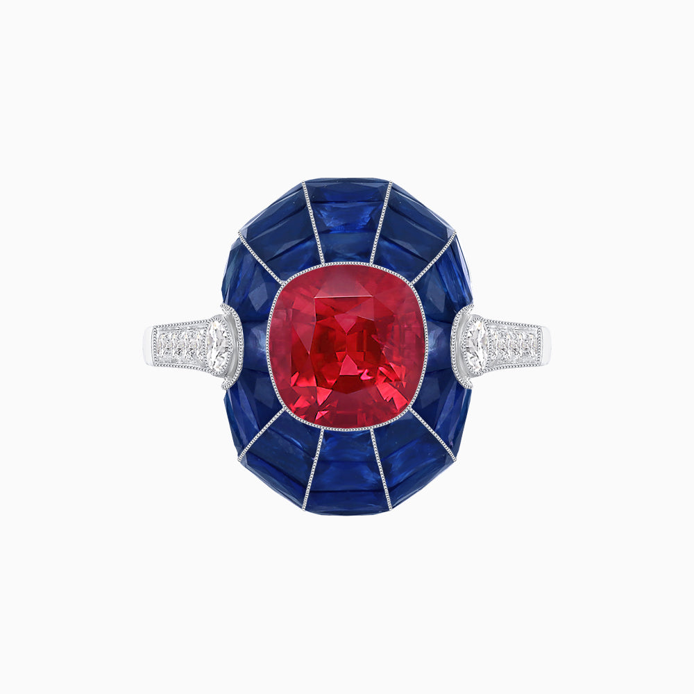 Art Deco Inspired Cushion-Cut Center and Calibré-Cut Gemstone Cocktail Ring