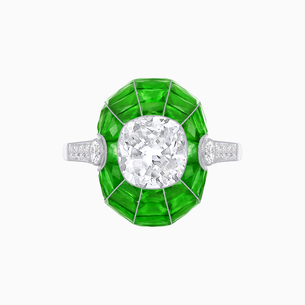 Art Deco Inspired Cushion-Cut Center and Calibré-Cut Gemstone Cocktail Ring