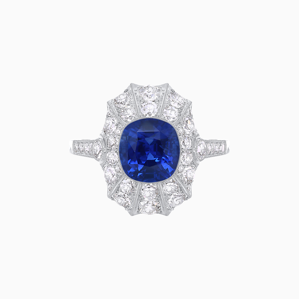 Art Deco Inspired Cushion Cut Sunburst Diamond Halo Ring