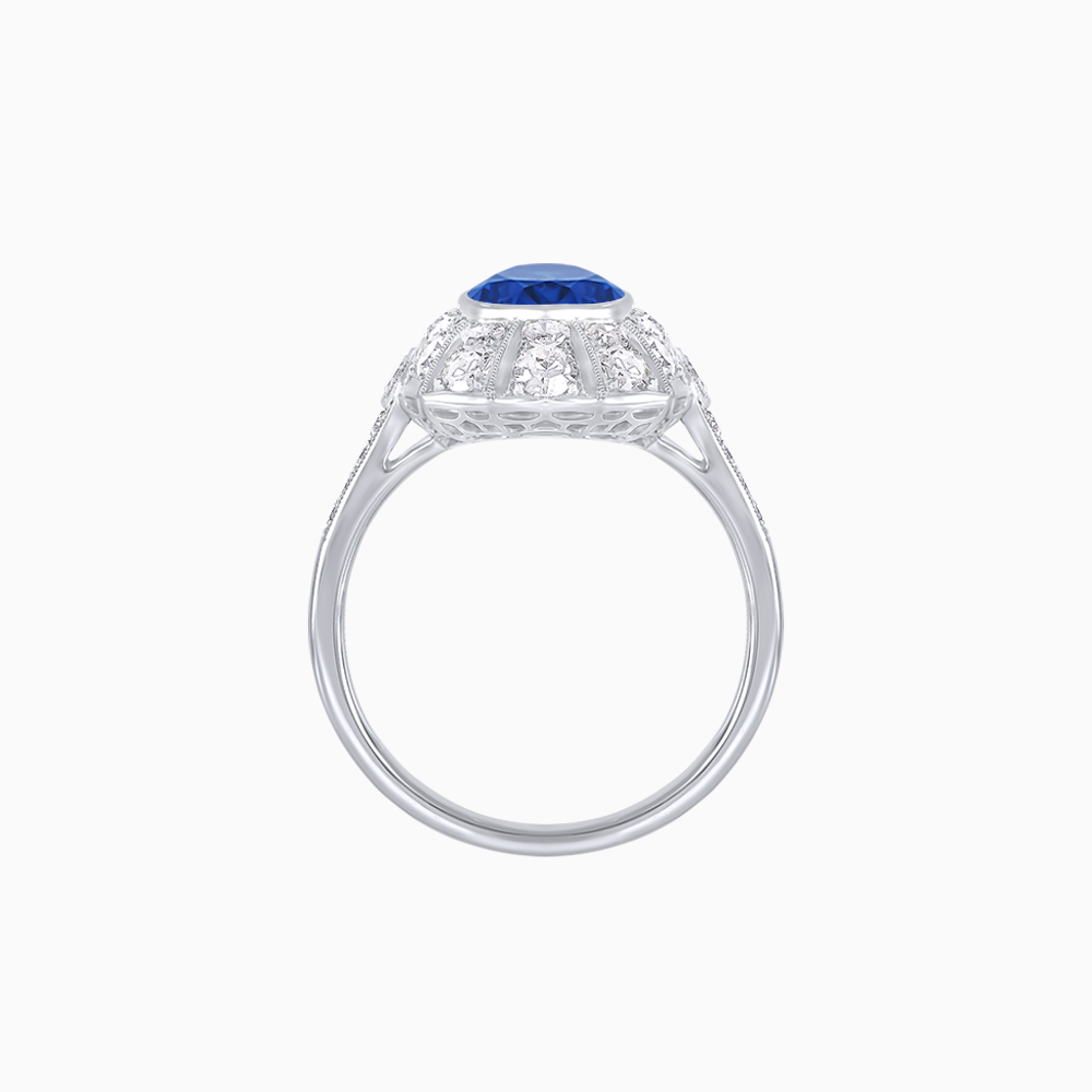 Art Deco Inspired Cushion Cut Sunburst Diamond Halo Ring