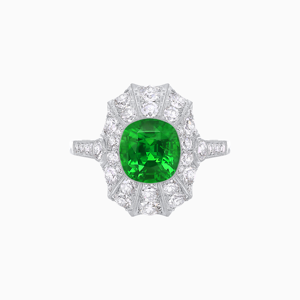 Art Deco Inspired Cushion Cut Sunburst Diamond Halo Ring
