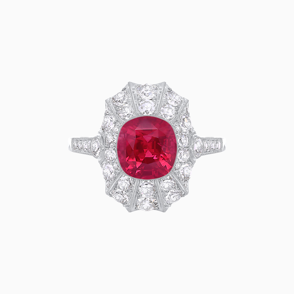 Art Deco Inspired Cushion Cut Sunburst Diamond Halo Ring