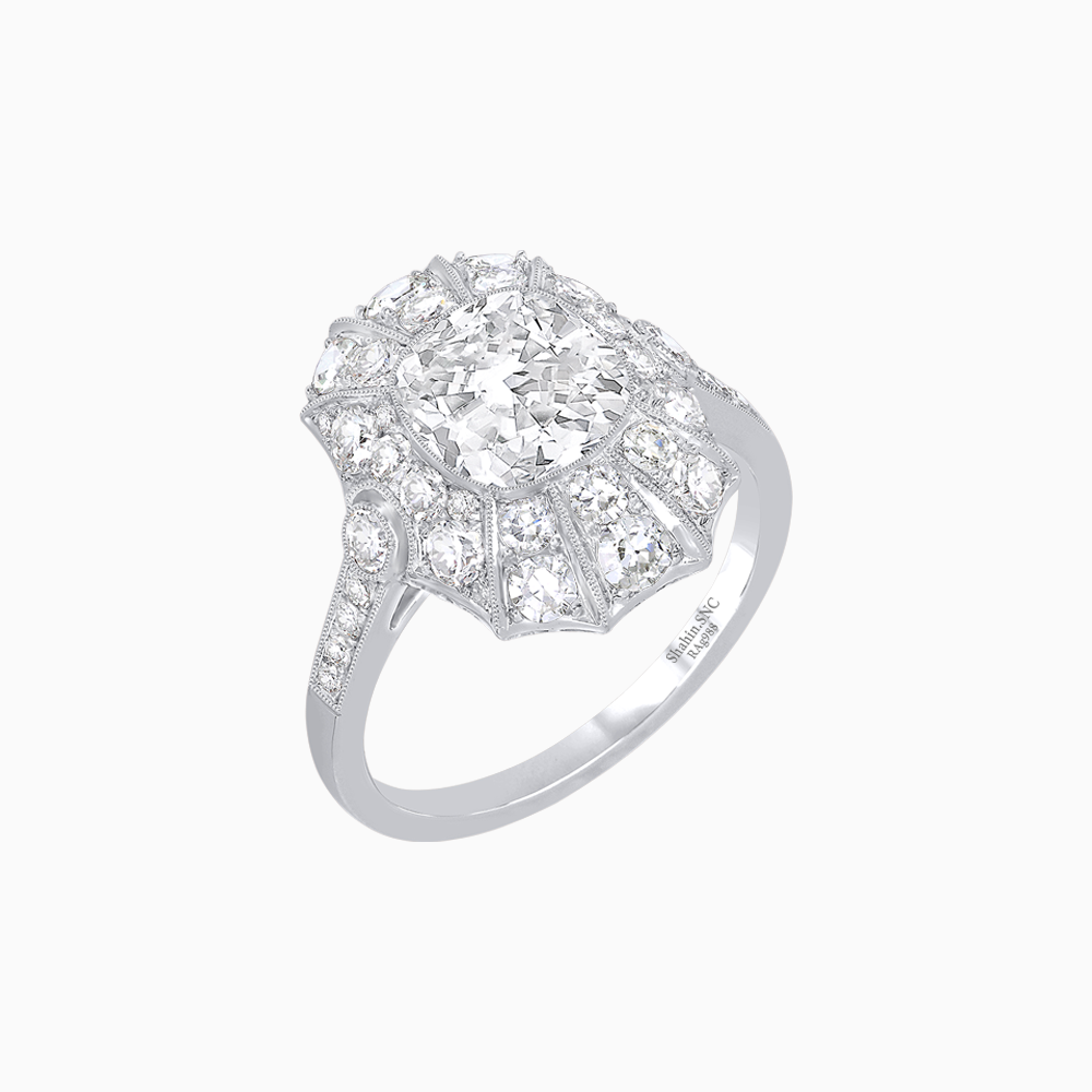 Art Deco Inspired Cushion Cut Sunburst Diamond Halo Ring