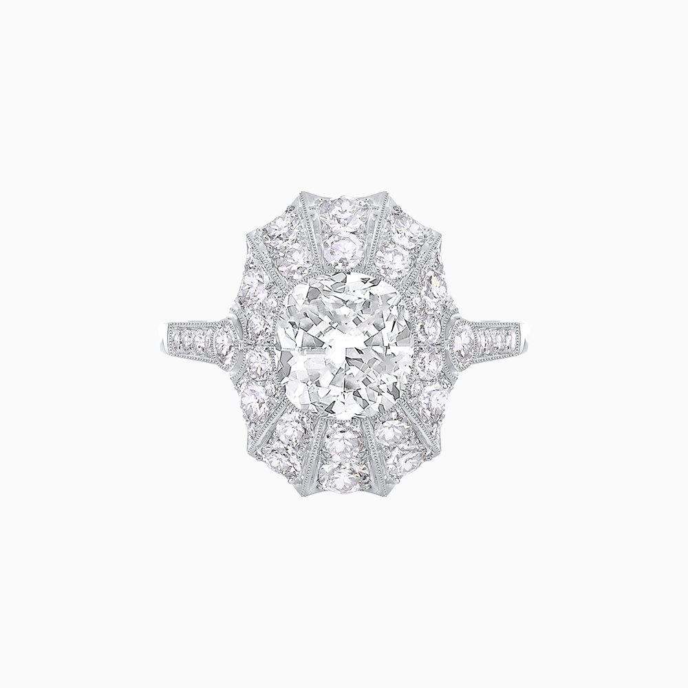 Art Deco Inspired Cushion Cut Sunburst Diamond Halo Ring
