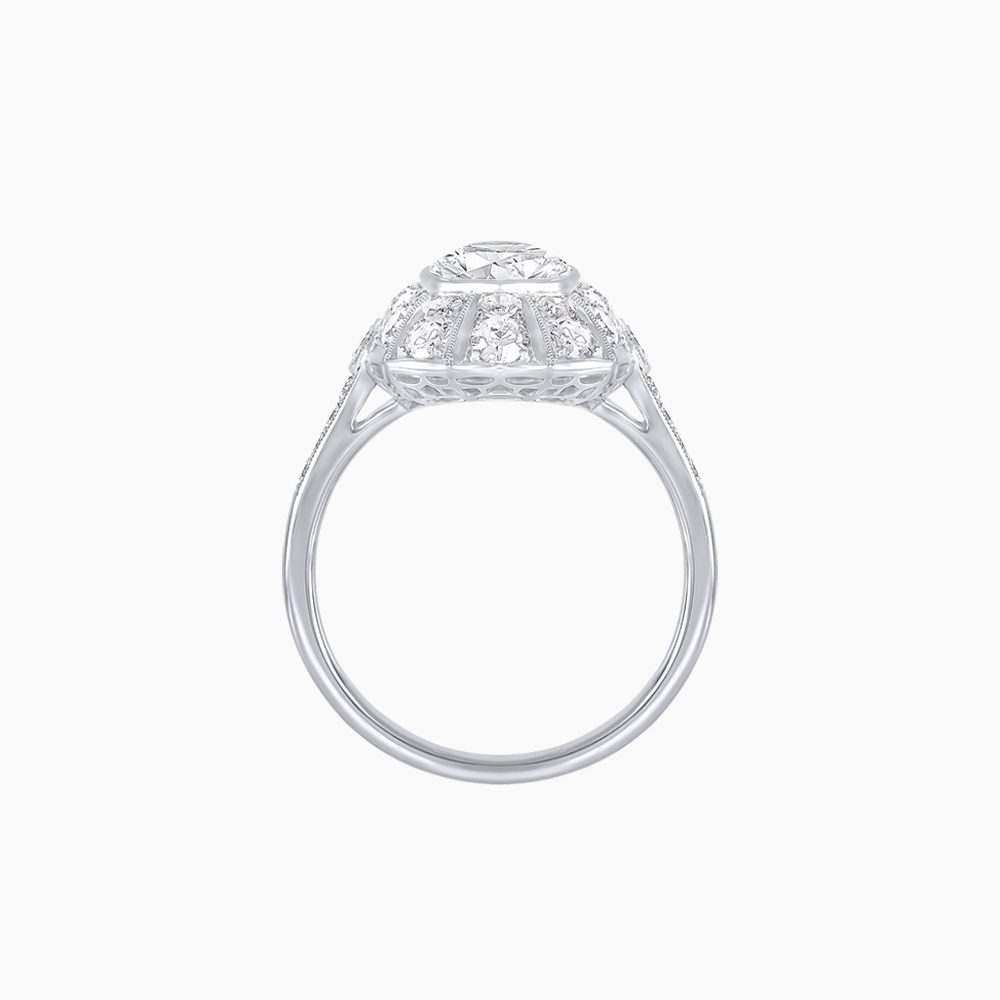 Art Deco Inspired Cushion Cut Sunburst Diamond Halo Ring