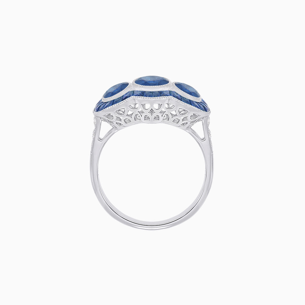Art Deco Style Three-Stone Engagement Ring with Diamond and Gemstones