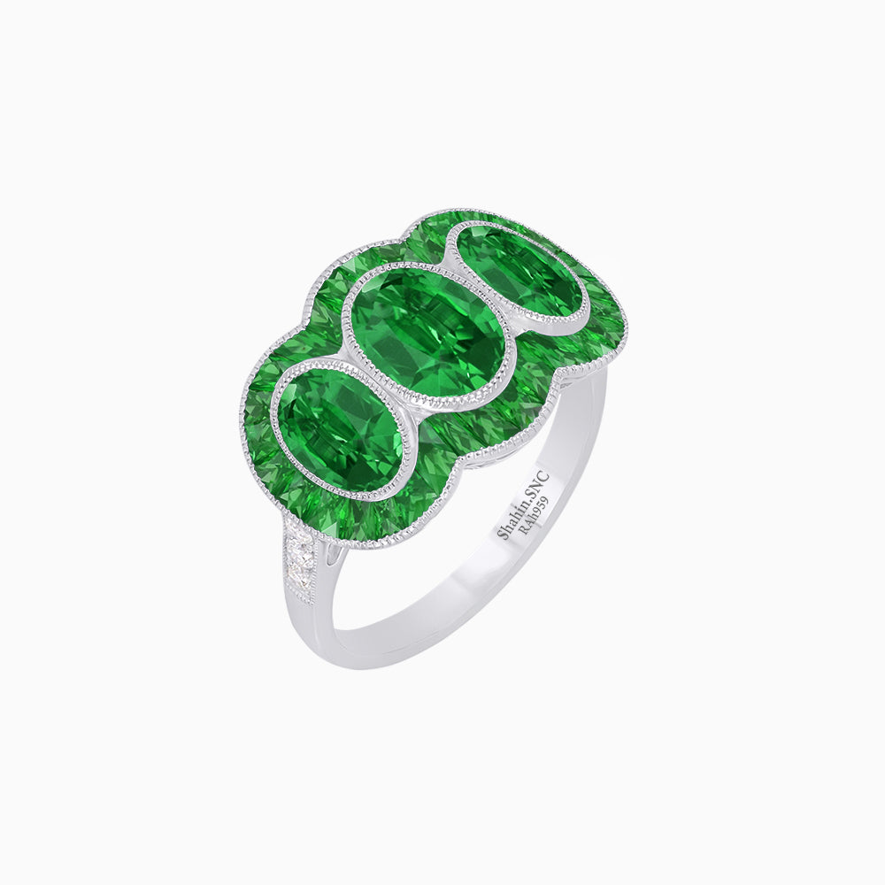 Art Deco Style Three-Stone Engagement Ring with Diamond and Gemstones