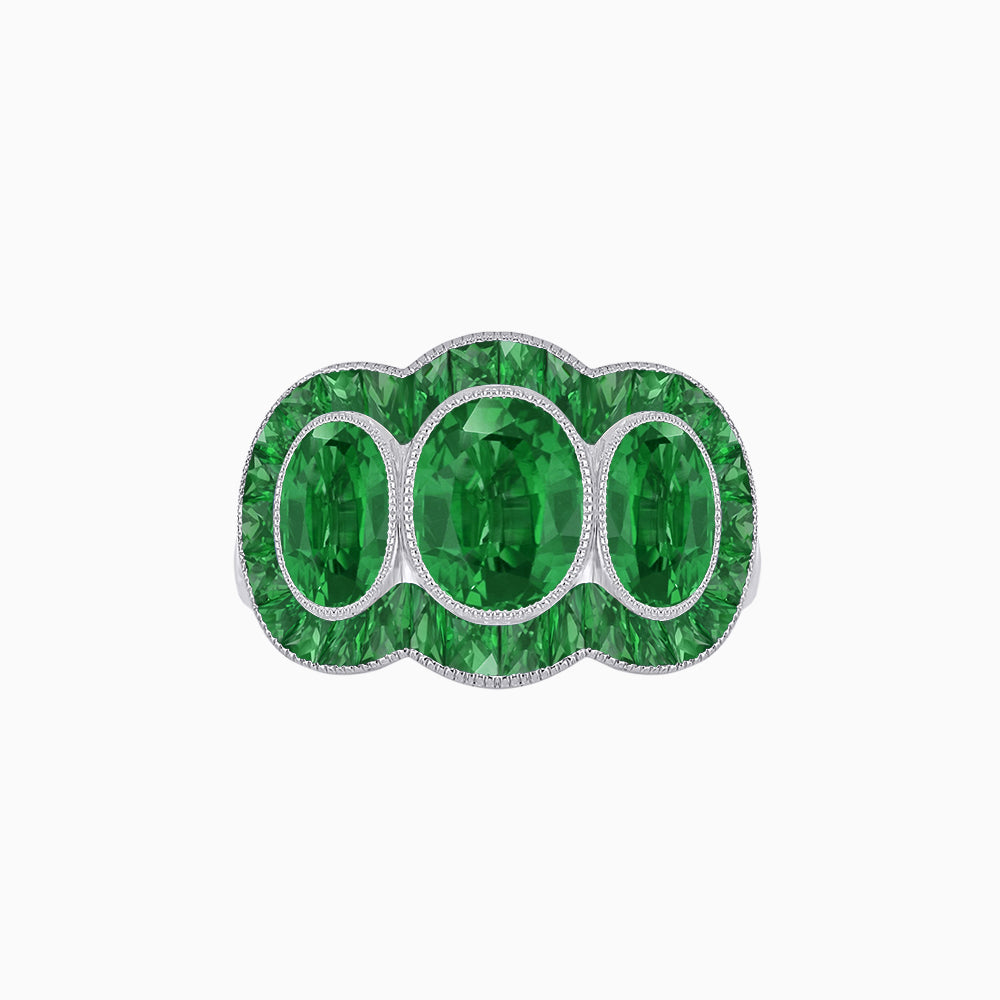 Art Deco Style Three-Stone Engagement Ring with Diamond and Gemstones