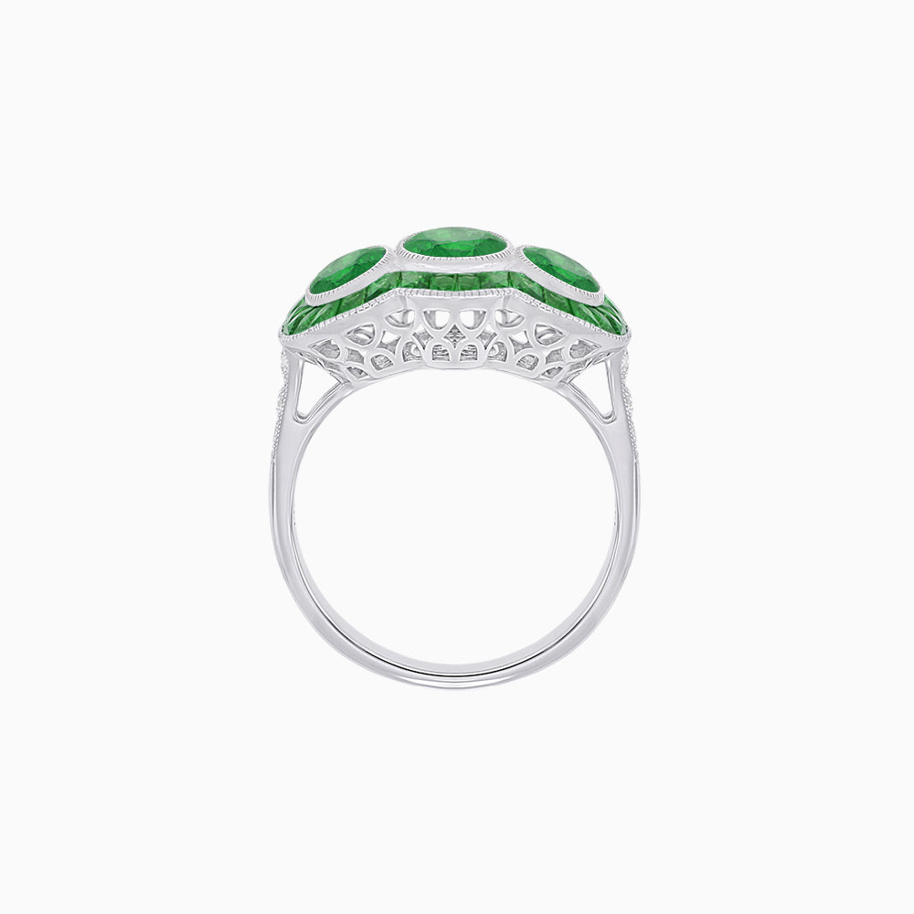 Art Deco Style Three-Stone Engagement Ring with Diamond and Gemstones