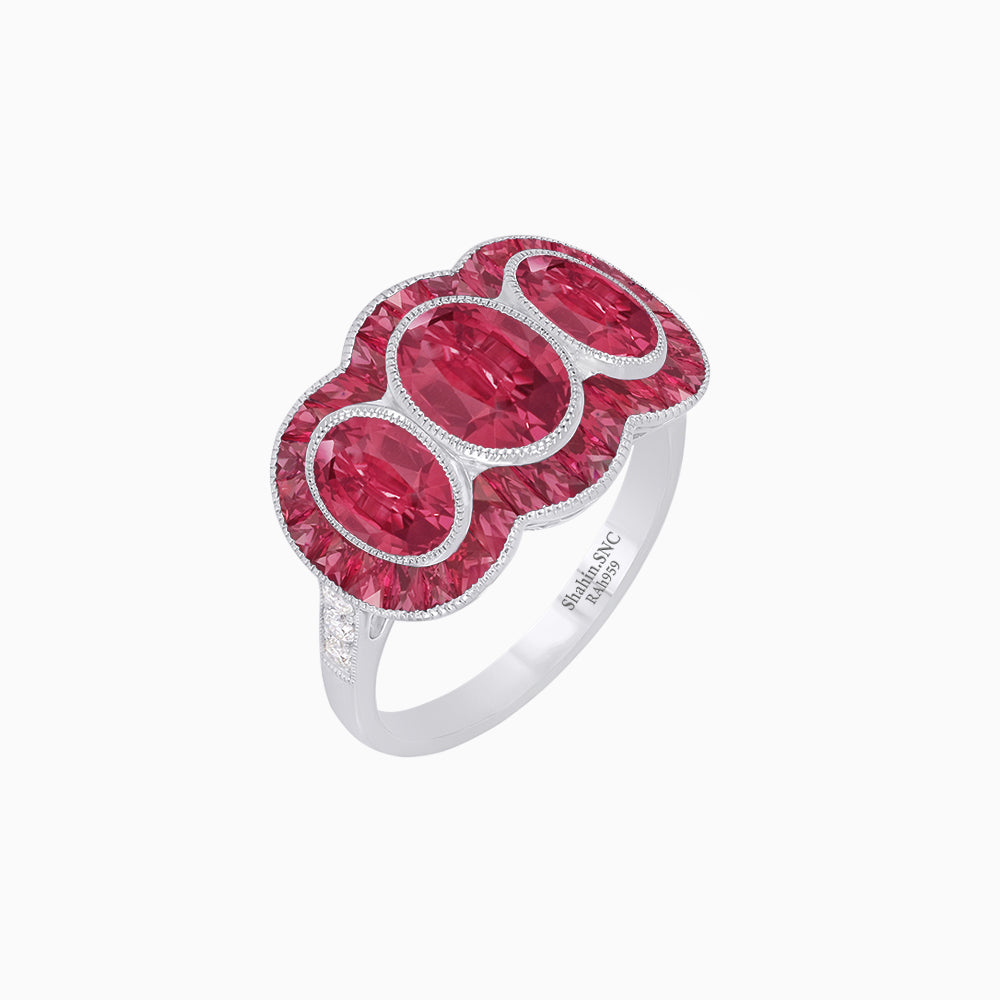 Art Deco Style Three-Stone Engagement Ring with Diamond and Gemstones