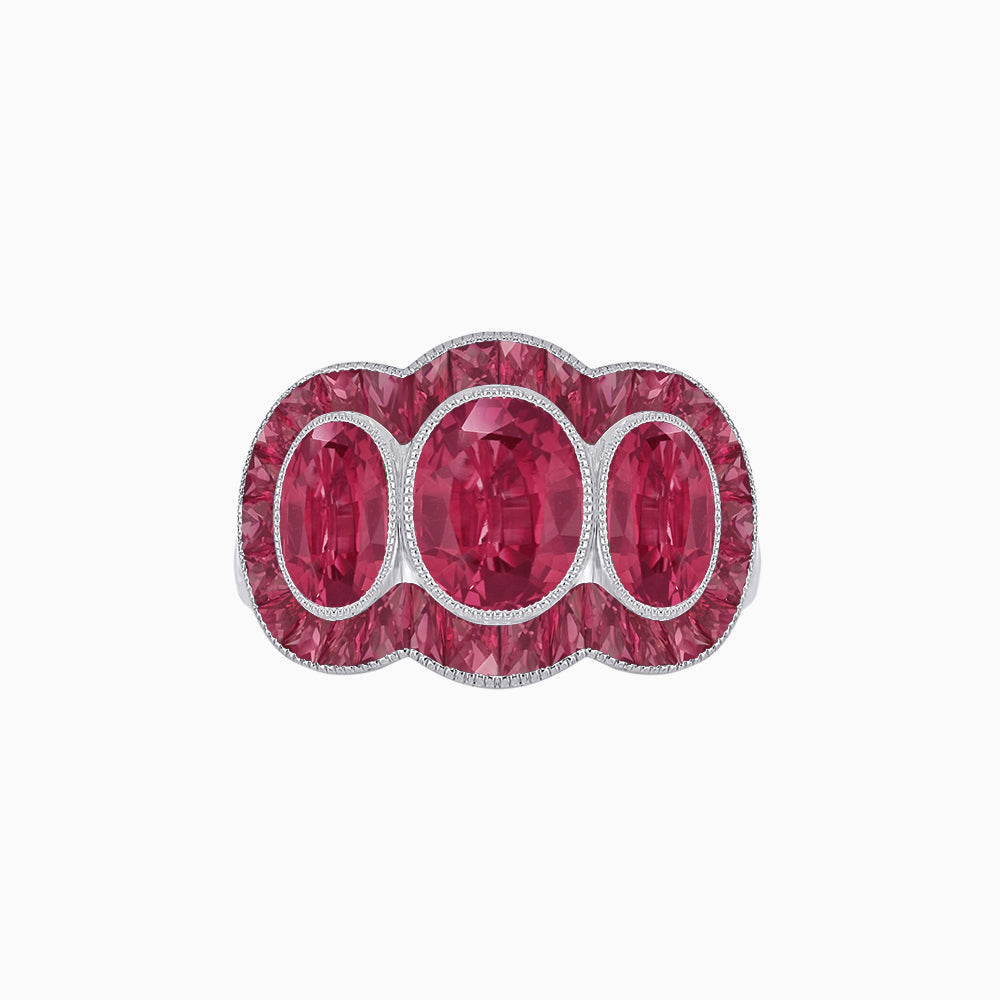 Art Deco Style Three-Stone Engagement Ring with Diamond and Gemstones