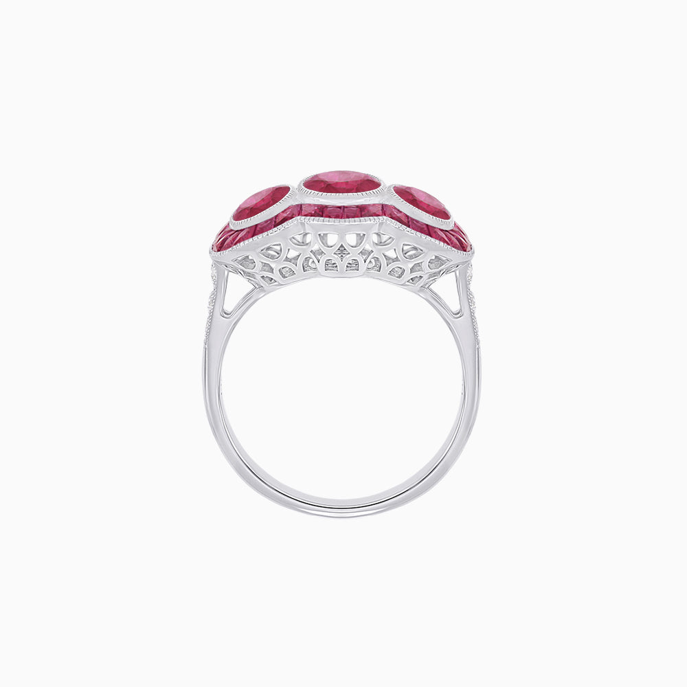 Art Deco Style Three-Stone Engagement Ring with Diamond and Gemstones