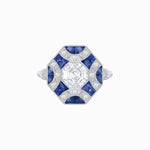 Load image into Gallery viewer, Vintage Inspired Diamond &amp; Half Moon Sapphire Halo Ring
