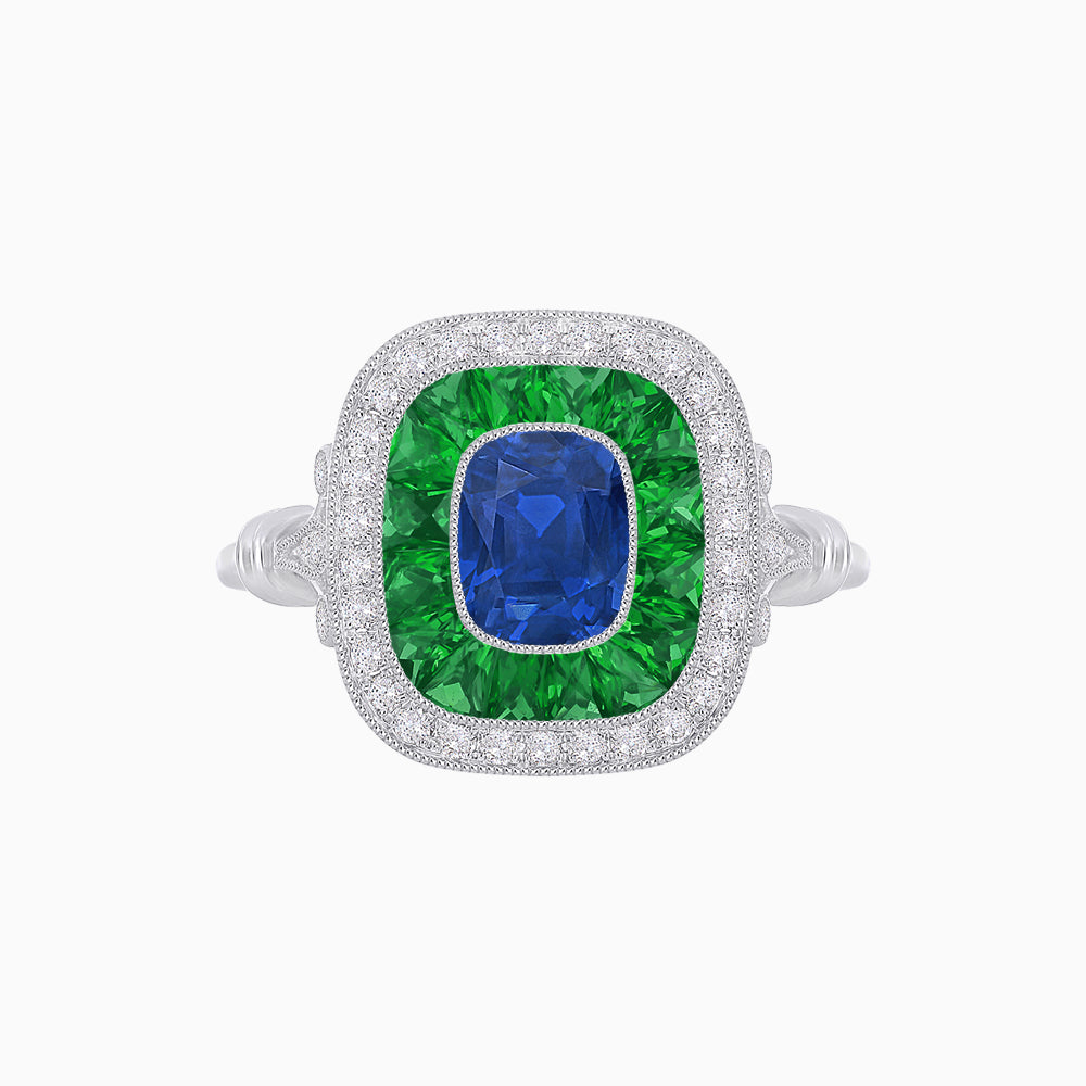 Art Deco Inspired Cushion Gemstone & Diamond Halo Ring
