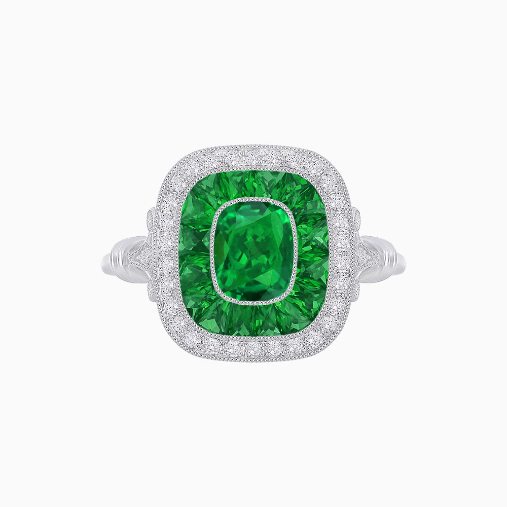 Art Deco Inspired Cushion Gemstone & Diamond Halo Ring