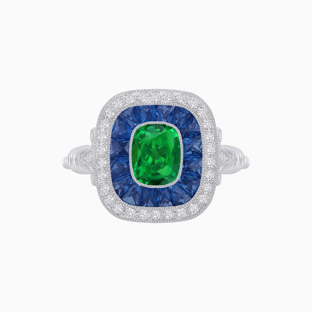 Art Deco Inspired Cushion Gemstone & Diamond Halo Ring