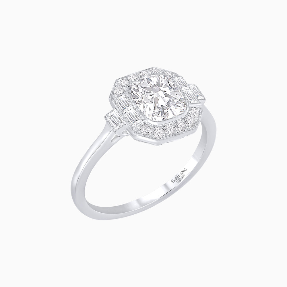 Art Deco-Inspired Cushion Halo Ring Mounting with Baguette and Round Diamonds  Custom Center Stone | Bold Symmetry | Hand-Applied Milgrain