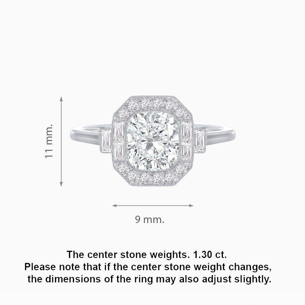 Art Deco-Inspired Cushion Halo Ring Mounting with Baguette and Round Diamonds  Custom Center Stone | Bold Symmetry | Hand-Applied Milgrain