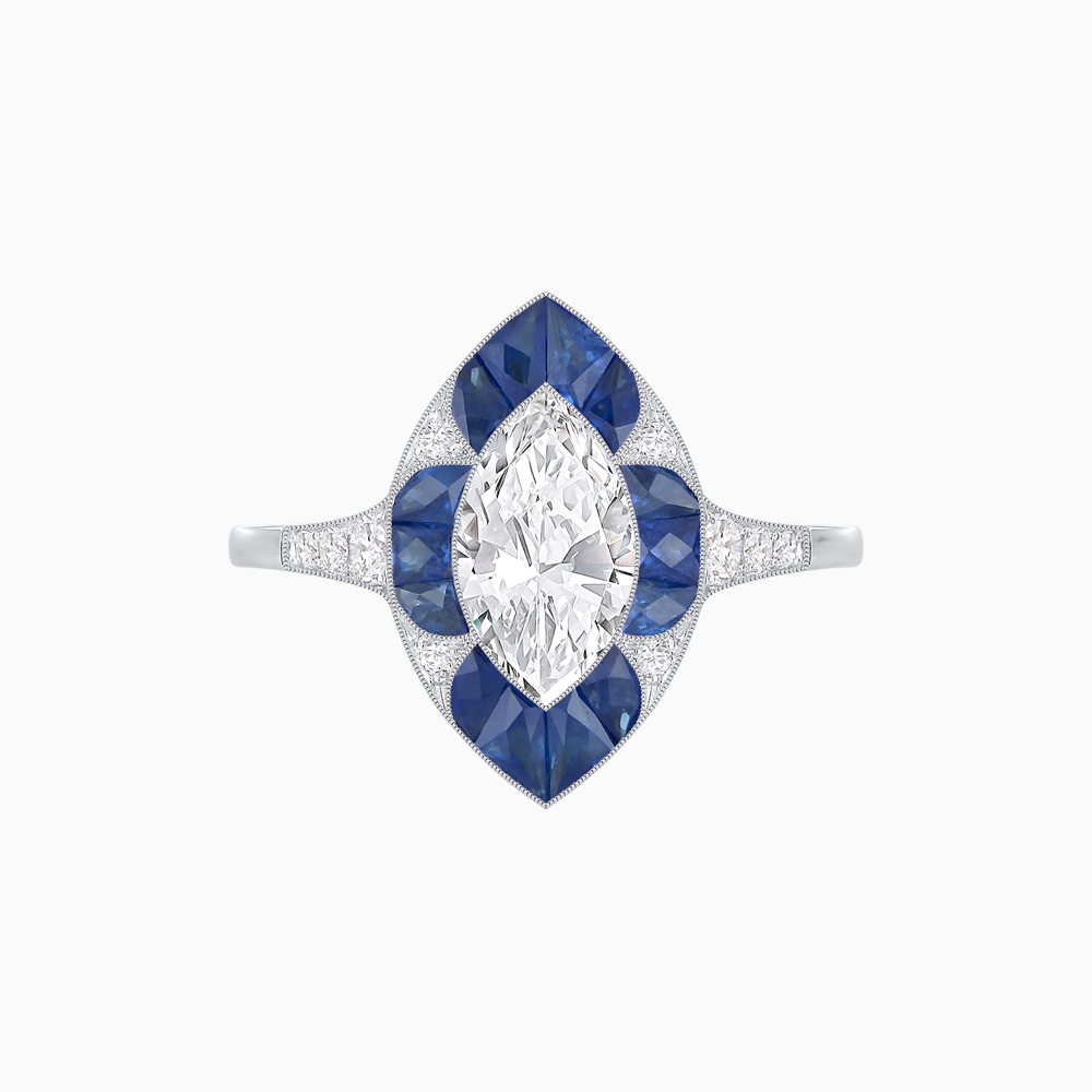 Art Deco Inspired Marquise Cut Calibré Gemstone Halo Ring