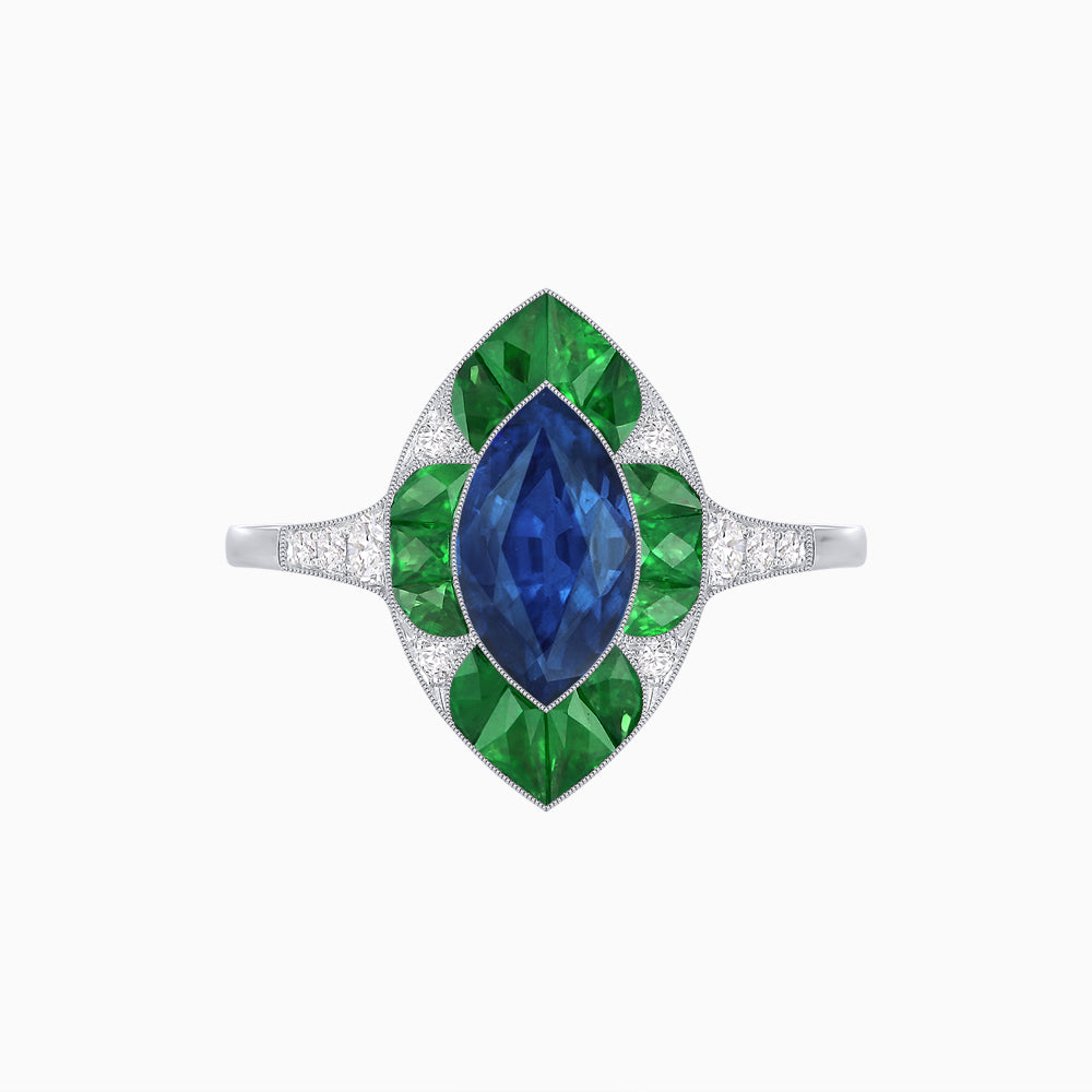 Art Deco Inspired Marquise Cut Calibré Gemstone Halo Ring