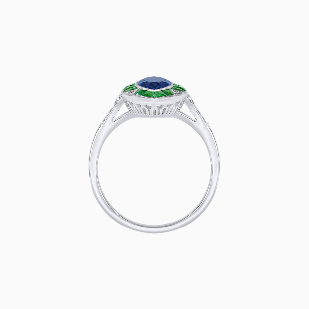 Art Deco Inspired Marquise Cut Calibré Gemstone Halo Ring