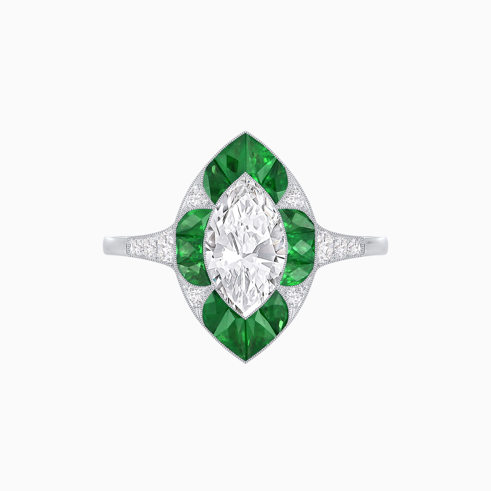 Art Deco Inspired Marquise Cut Calibré Gemstone Halo Ring