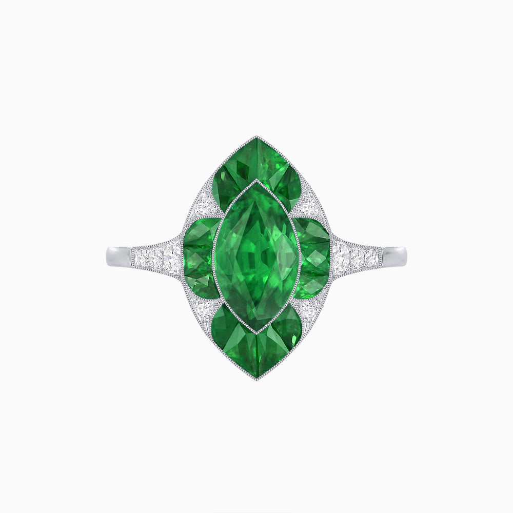 Art Deco Inspired Marquise Cut Calibré Gemstone Halo Ring