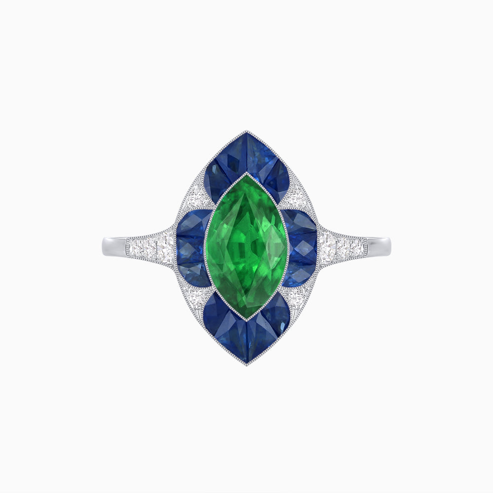 Art Deco Inspired Marquise Cut Calibré Gemstone Halo Ring