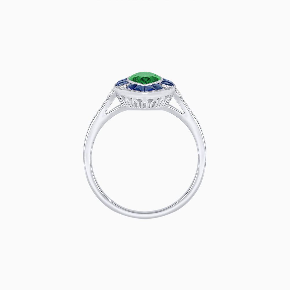 Art Deco Inspired Marquise Cut Calibré Gemstone Halo Ring