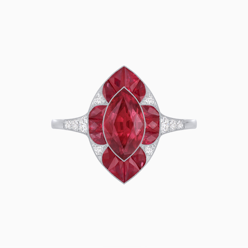 Art Deco Inspired Marquise Cut Calibré Gemstone Halo Ring