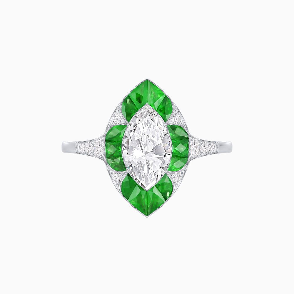 Art Deco Inspired Marquise Cut Calibré Gemstone Halo Ring