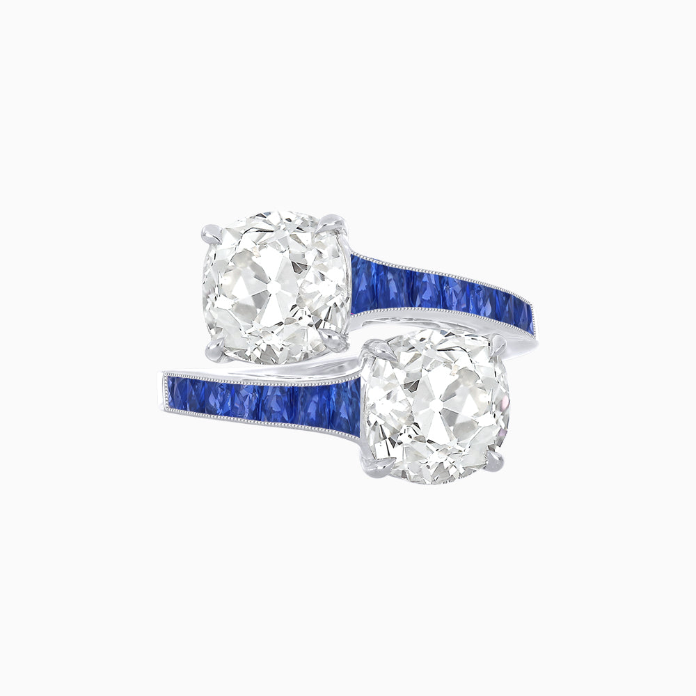 Bypass Toi et Moi Ring with Cushion Cut Gemstones and French-Cut Accents
