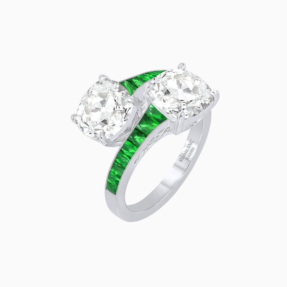 Bypass Toi et Moi Ring with Cushion Cut Gemstones and French-Cut Accents