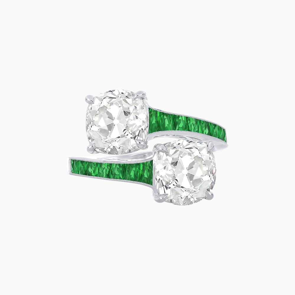 Bypass Toi et Moi Ring with Cushion Cut Gemstones and French-Cut Accents