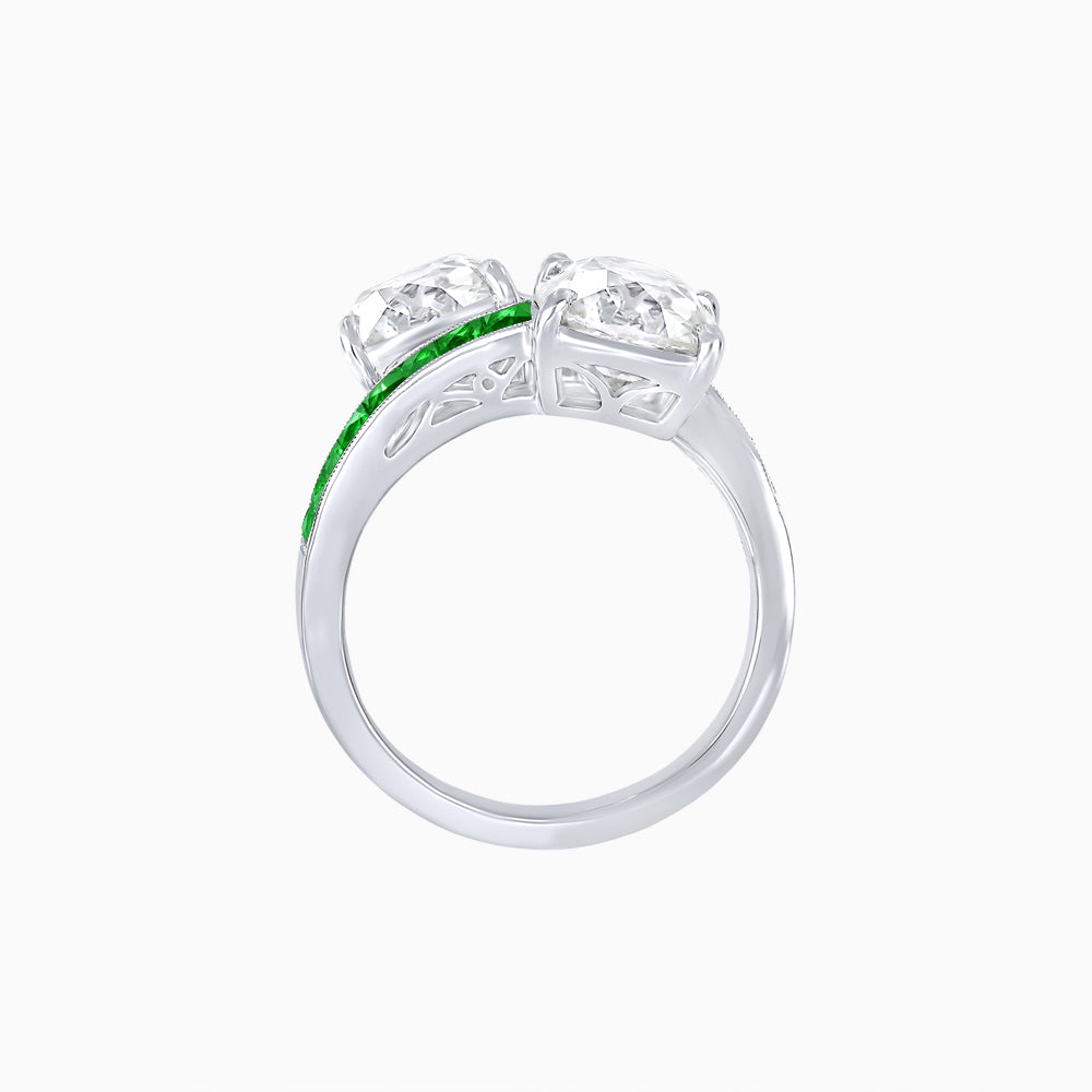 Bypass Toi et Moi Ring with Cushion Cut Gemstones and French-Cut Accents
