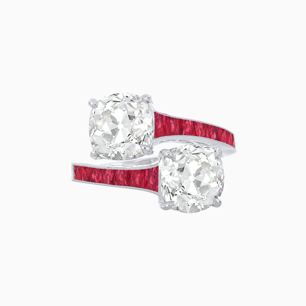 Bypass Toi et Moi Ring with Cushion Cut Gemstones and French-Cut Accents