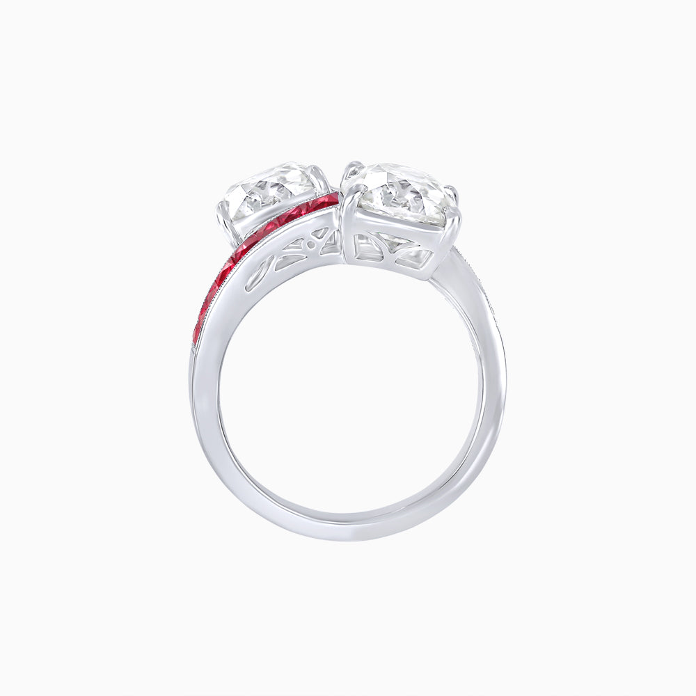 Bypass Toi et Moi Ring with Cushion Cut Gemstones and French-Cut Accents
