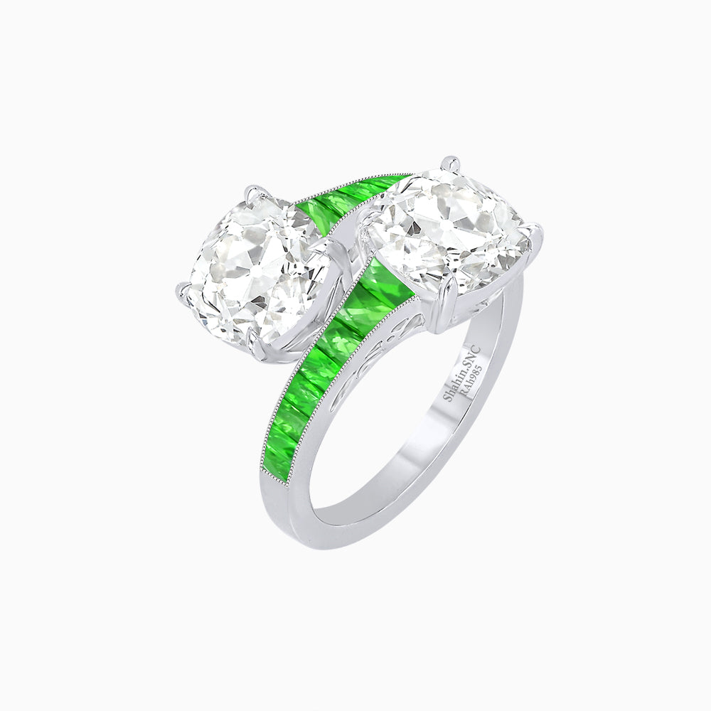 Bypass Toi et Moi Ring with Cushion Cut Gemstones and French-Cut Accents