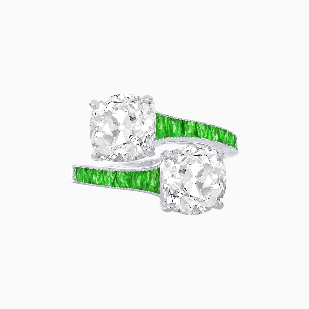 Bypass Toi et Moi Ring with Cushion Cut Gemstones and French-Cut Accents