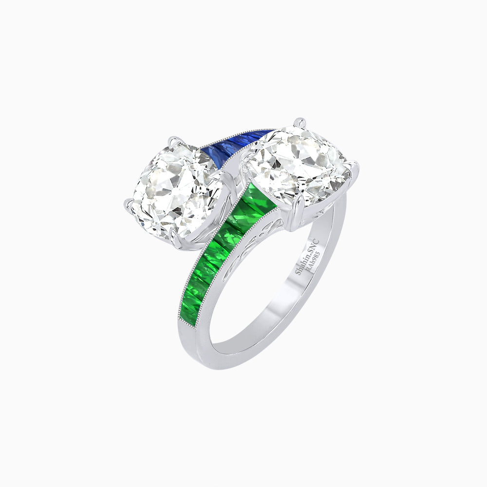 Bypass Toi et Moi Ring with Cushion Cut Gemstones and French-Cut Accents