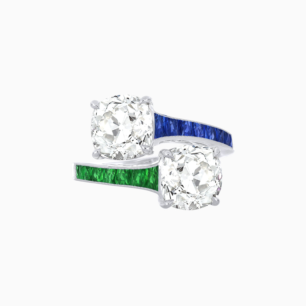 Bypass Toi et Moi Ring with Cushion Cut Gemstones and French-Cut Accents