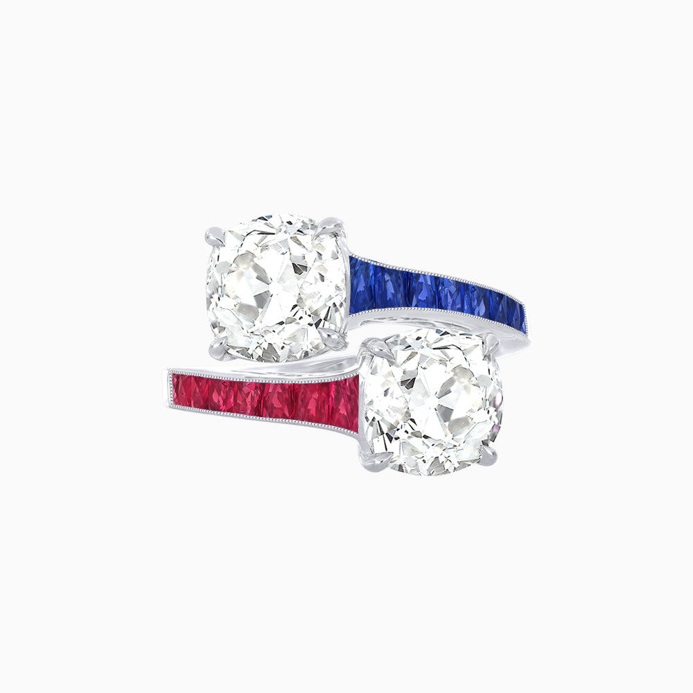 Bypass Toi et Moi Ring with Cushion Cut Gemstones and French-Cut Accents