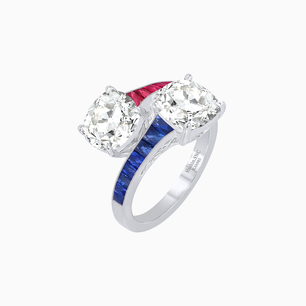Bypass Toi et Moi Ring with Cushion Cut Gemstones and French-Cut Accents