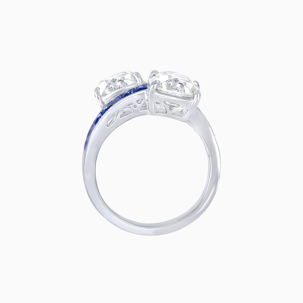 Bypass Toi et Moi Ring with Cushion Cut Gemstones and French-Cut Accents