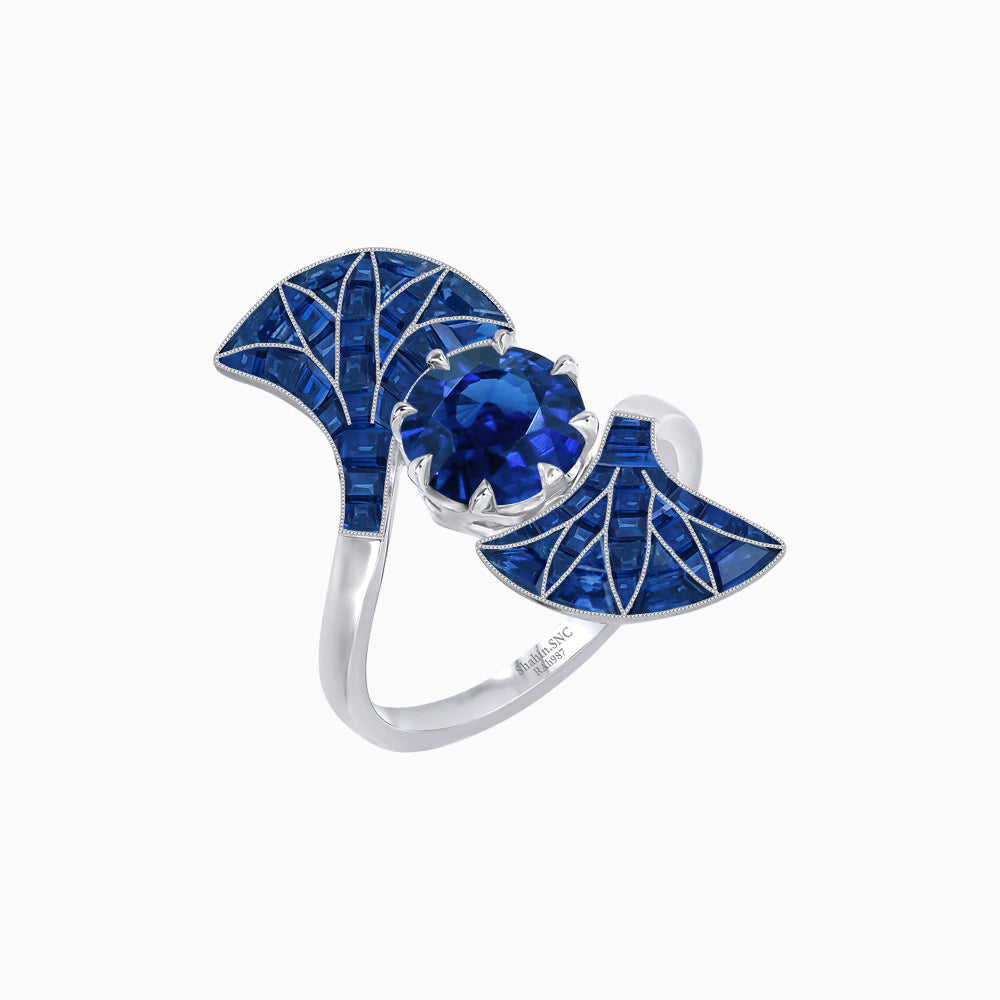 Art Deco Style Fan Motif Ring with Round Center Stone and Calibre-Cut Gemstone Accents